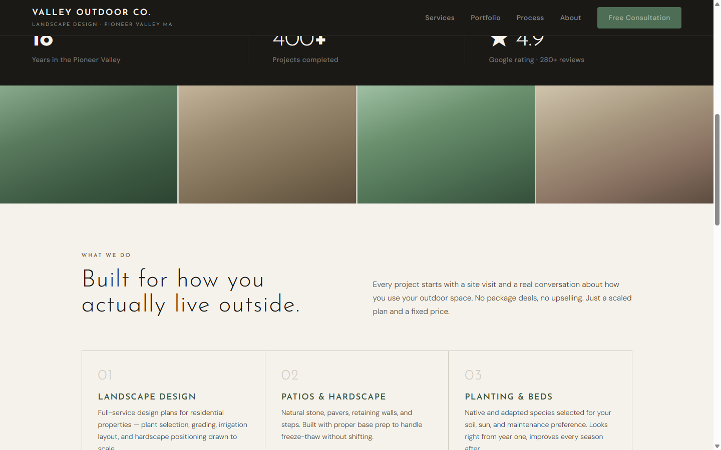 A premium landscaping website with a full-bleed portfolio of completed projects