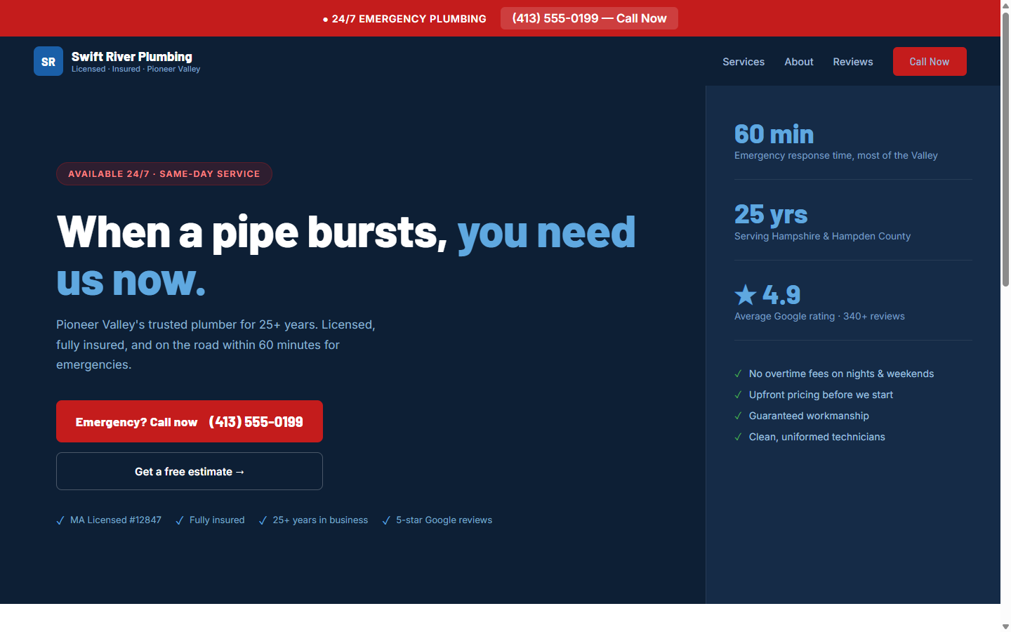 A bold mobile-first plumbing website with a 24/7 emergency call button